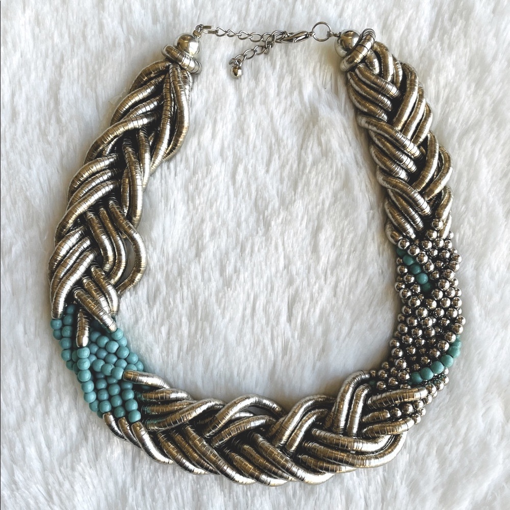 VINTAGE CHUNKY NECKLACE 80s 90s THICK TWISTED SILVER BLUE BEADS FLEXIBLE…